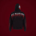 Back view of the black ABR 001 “BLOODSTONES” hoodie with red and clear All Bleed Red rhinestone lettering