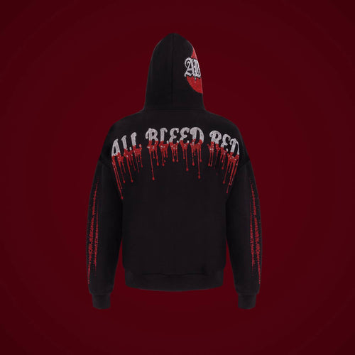 Back view of the black ABR 001 “BLOODSTONES” hoodie with red and clear All Bleed Red rhinestone lettering